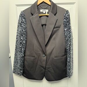 DKNY Black Satin Blazer with Silver Sequin Sleeves Celebration Holidays Party